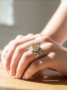 Sajen Sterling Silver Ring Adjustable Drusy Druzy Quartz Gold 925  7.75 - 9.75